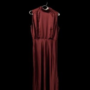 Classic Elegance Wine Satin Sleeveless Mock Neck Maxi Dress L